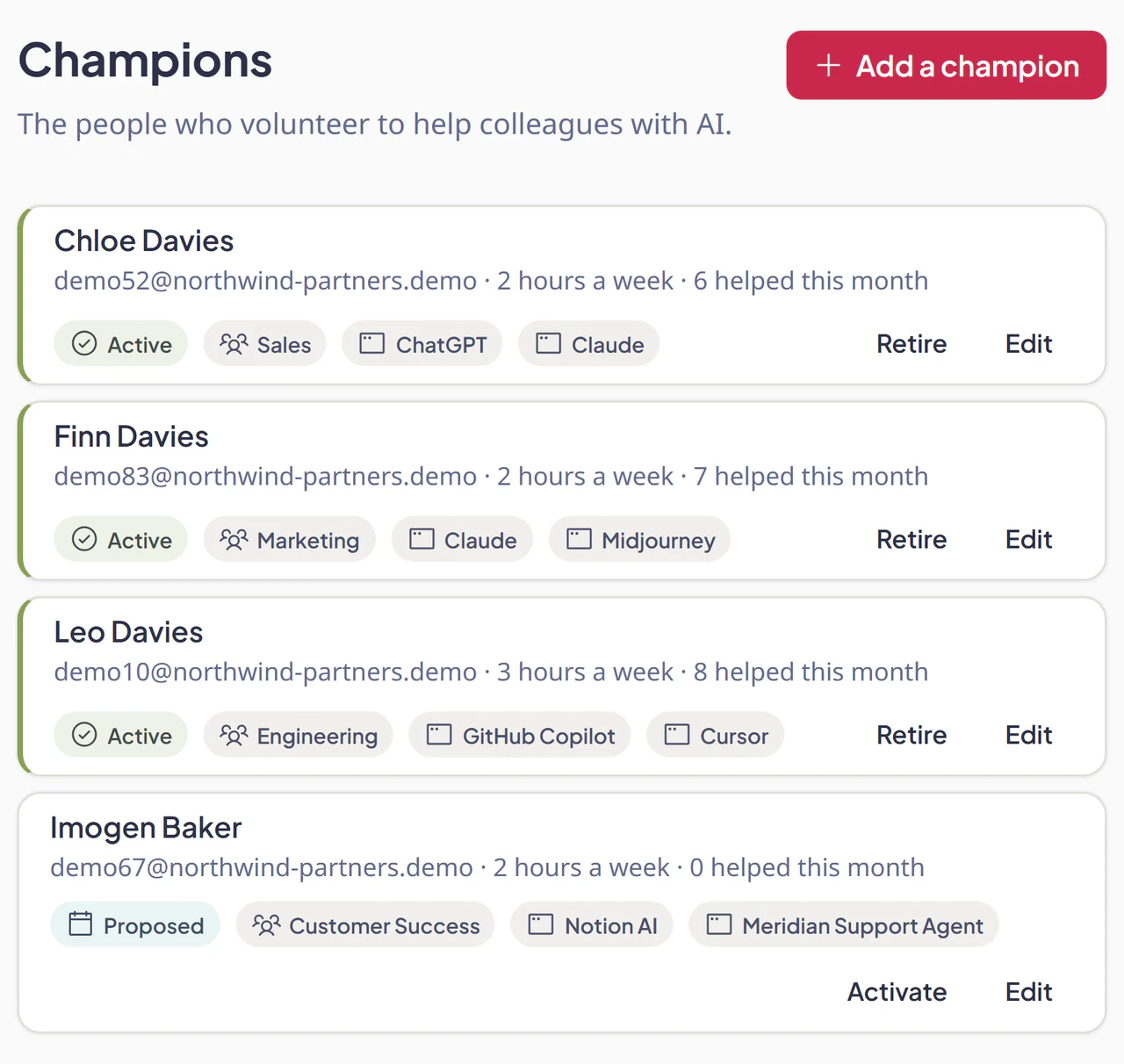 AI Champions: each champion with the team and tool they cover and their hours a week, one marked for going above four hours