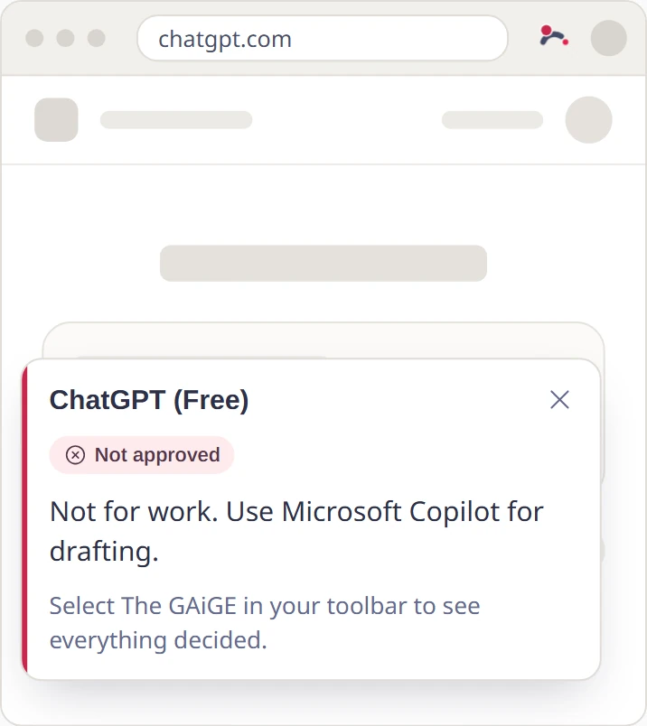 The GAiGE's first-visit notice on chatgpt.com, showing the organisation's decision on ChatGPT and its note for staff
