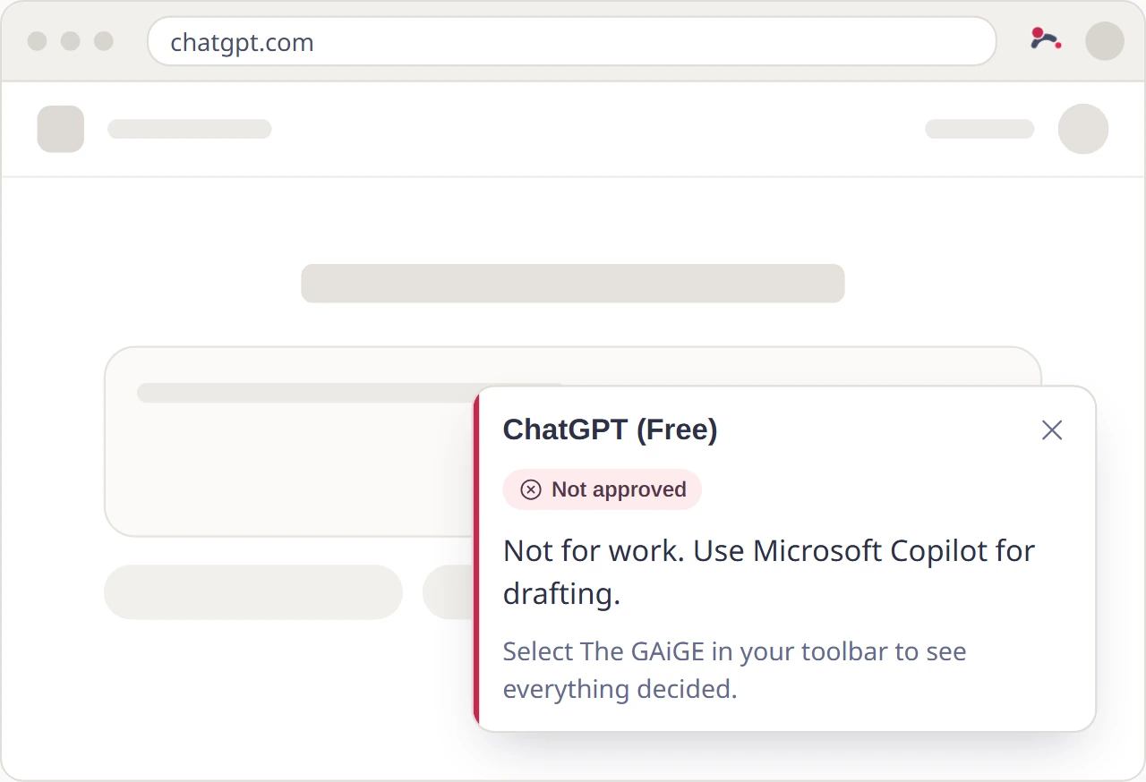 The browser extension's notice on chatgpt.com: ChatGPT (Free) is not approved, use Microsoft Copilot for drafting instead