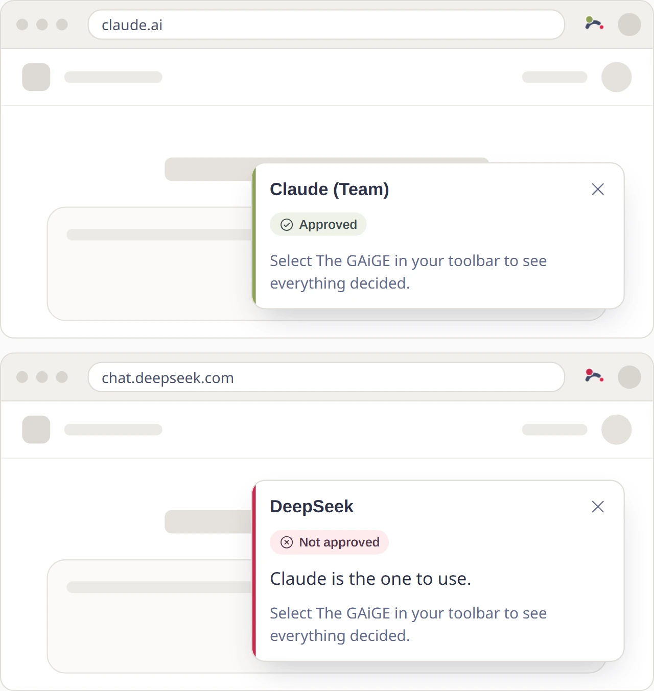 Two first-visit notices: Claude (Team), Approved; and DeepSeek, Not approved, with the line "Claude is the one to use."