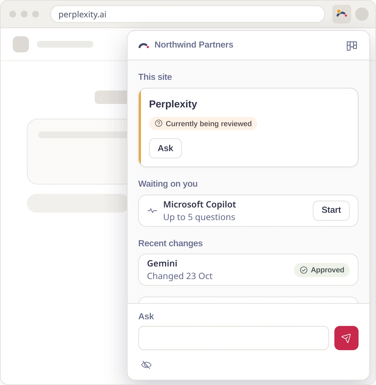 The extension's panel for Northwind Partners: this site, Perplexity, Currently being reviewed; waiting on you, Microsoft Copilot, up to 5 questions, with Start; recent changes, Gemini, Approved