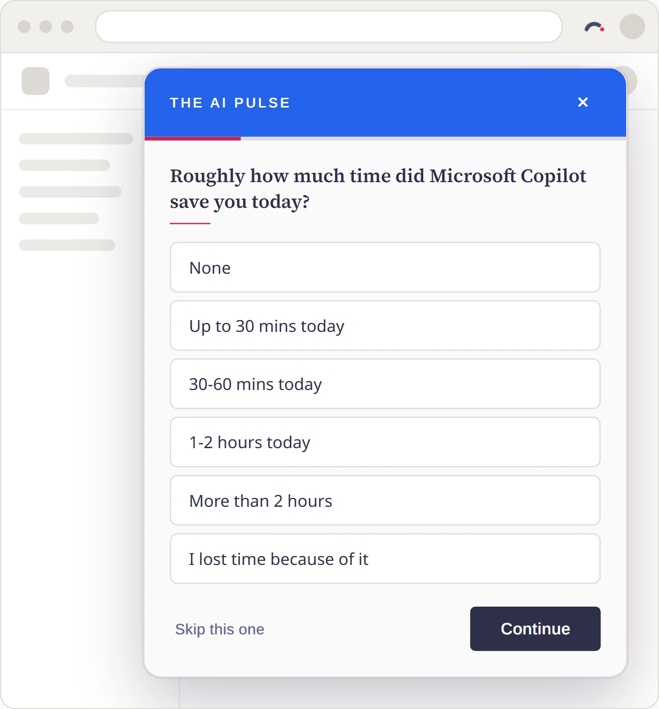 A pulse from The AI Pulse about Microsoft Copilot: "Roughly how much time did Microsoft Copilot save you today?", with six answers from None to "I lost time because of it"