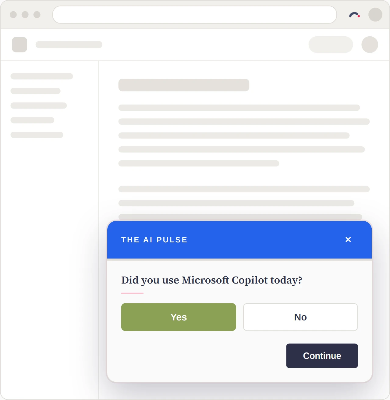 A pulse in the browser: "Did you use Microsoft Copilot today?", with Yes and No