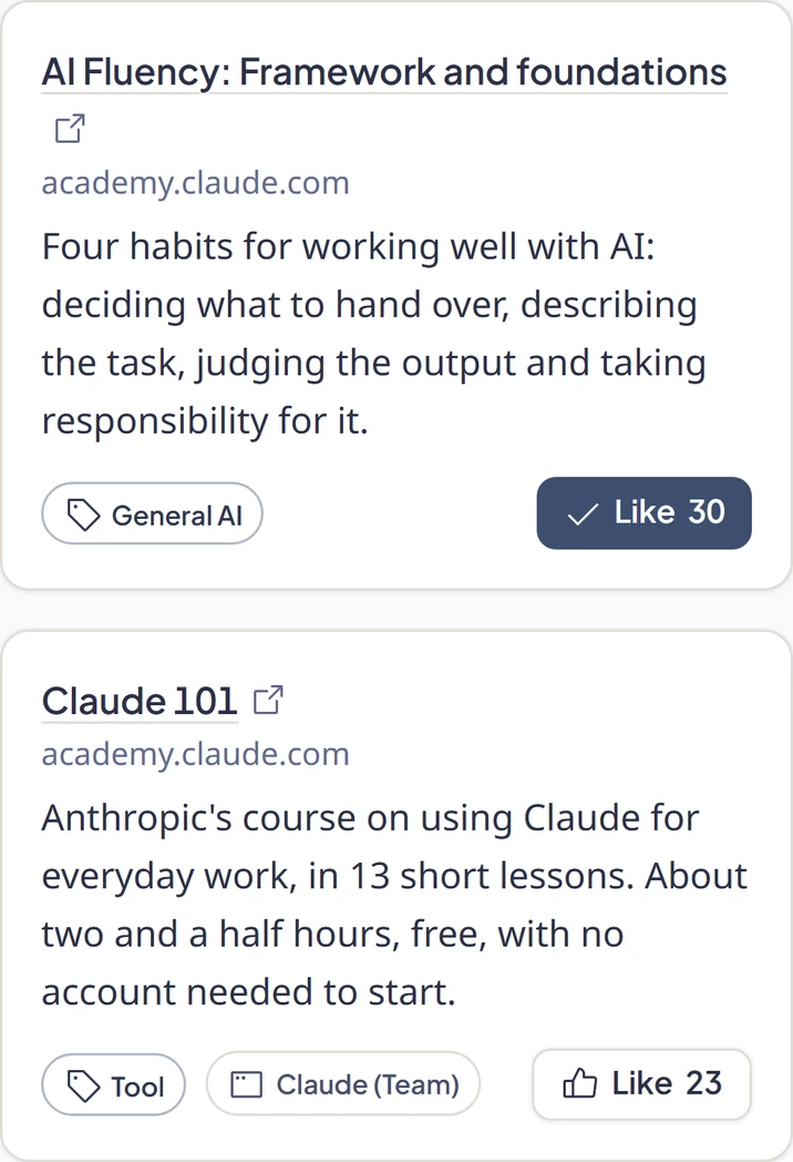 The AI Learning Centre, most liked first: AI Fluency, a course on AI in general, with 30 likes, then Claude 101, the course for Claude, with 23 likes