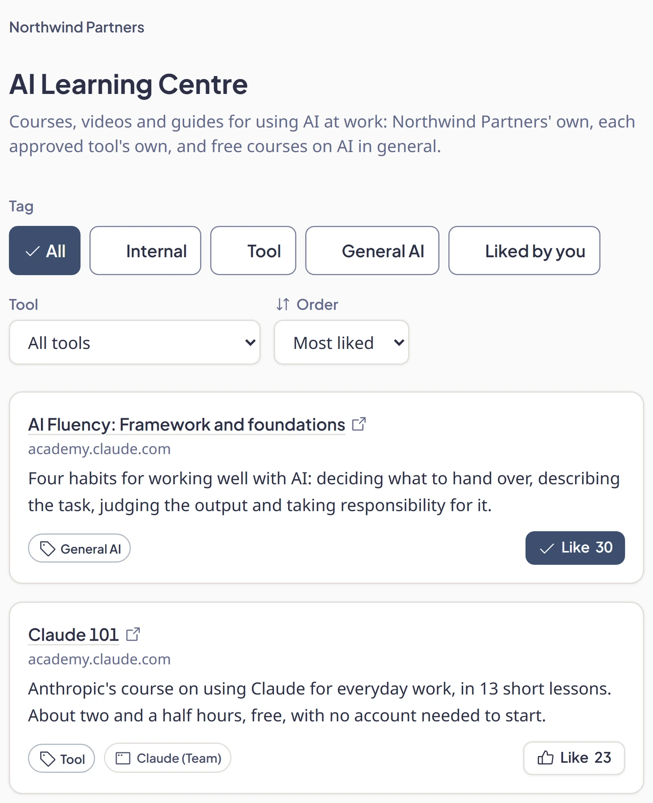 The AI Learning Centre, most liked first: AI Fluency, a course on AI in general, with 30 likes, then Claude 101, the course for Claude, with 23 likes