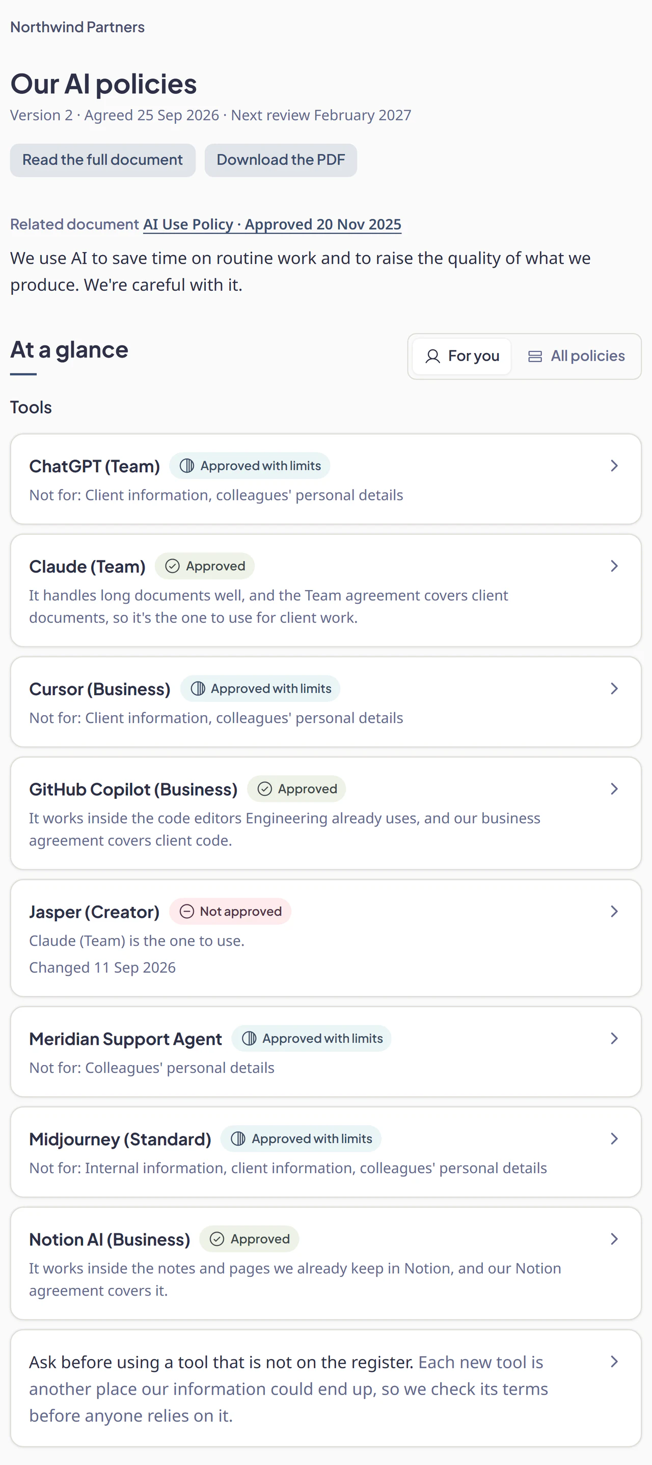 Our AI policies at a glance, as your people see them: AI tools with their decisions, and the reason for each or its limits