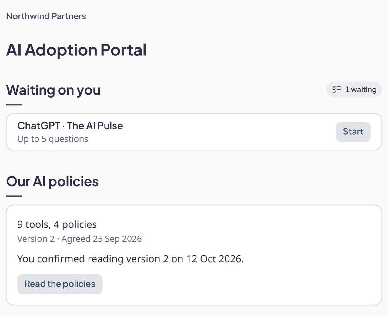 A person's AI Adoption Portal: a pulse waiting for an answer, and Our AI policies, with the version they've confirmed reading