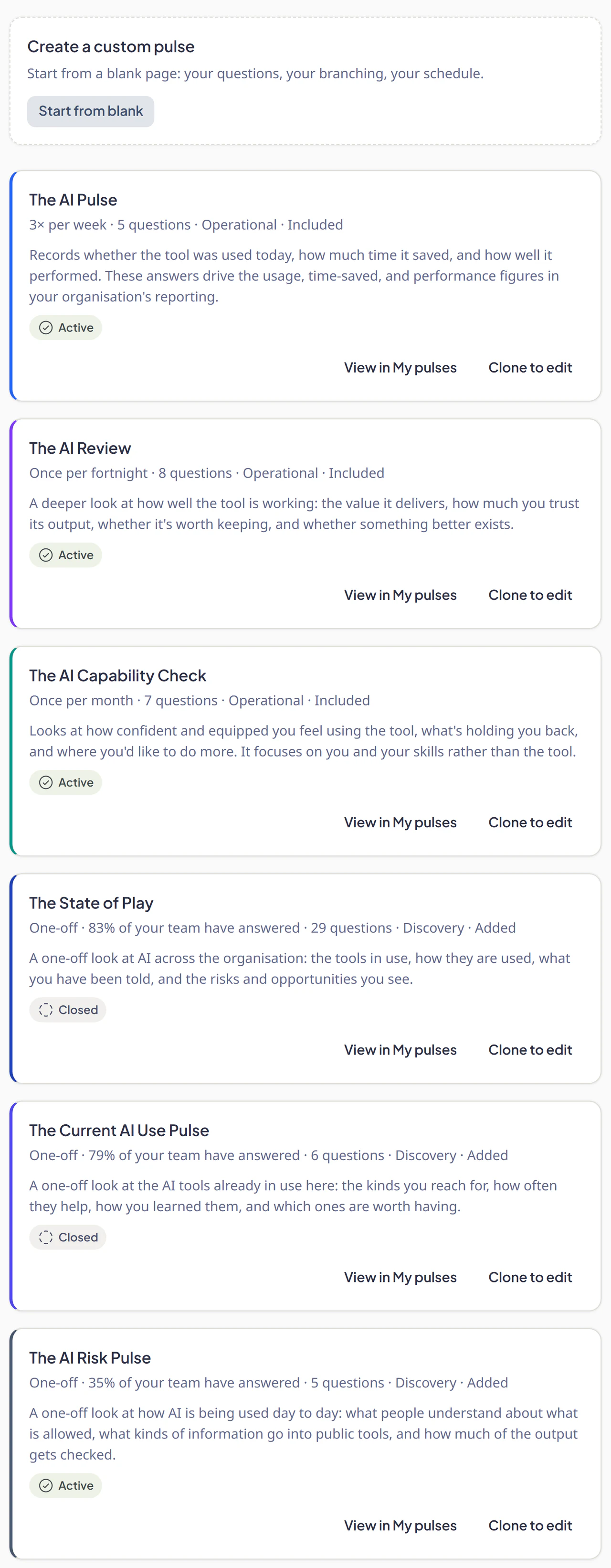 The pulse library: create a custom pulse from blank, or start from a library pulse such as The AI Pulse or The AI Review